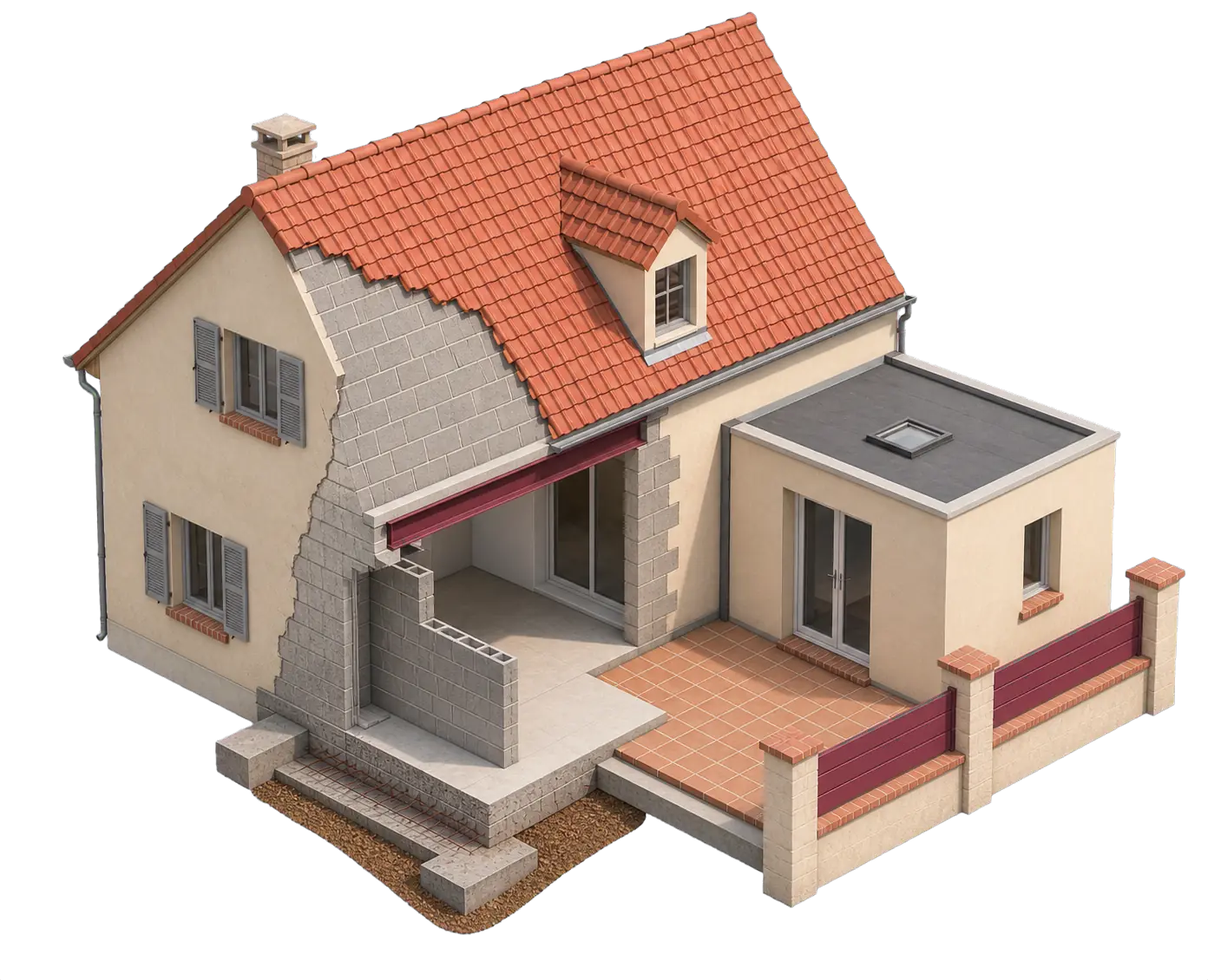 Maison en vue isométrique montrant les principaux travaux de maçonnerie